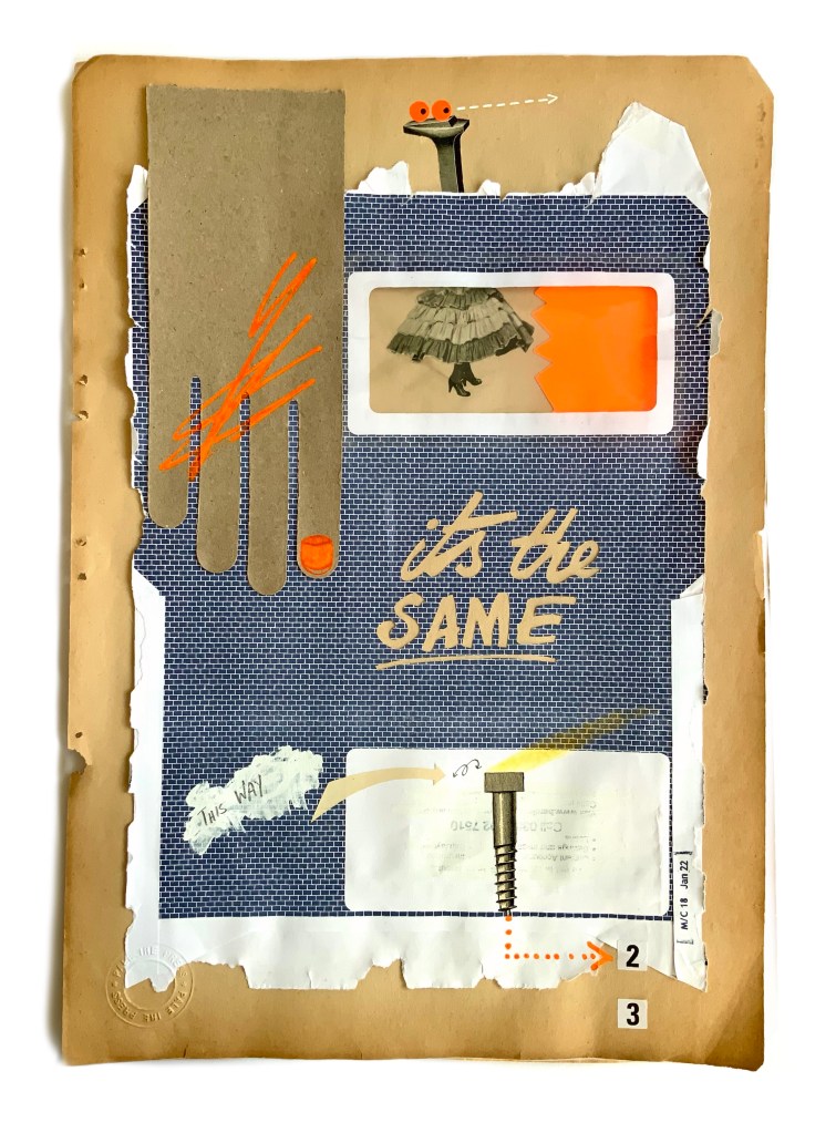 'It's the SAME' drawing and collage on vintage paper 29cm x 42cm Back of an Envelope Exhibition