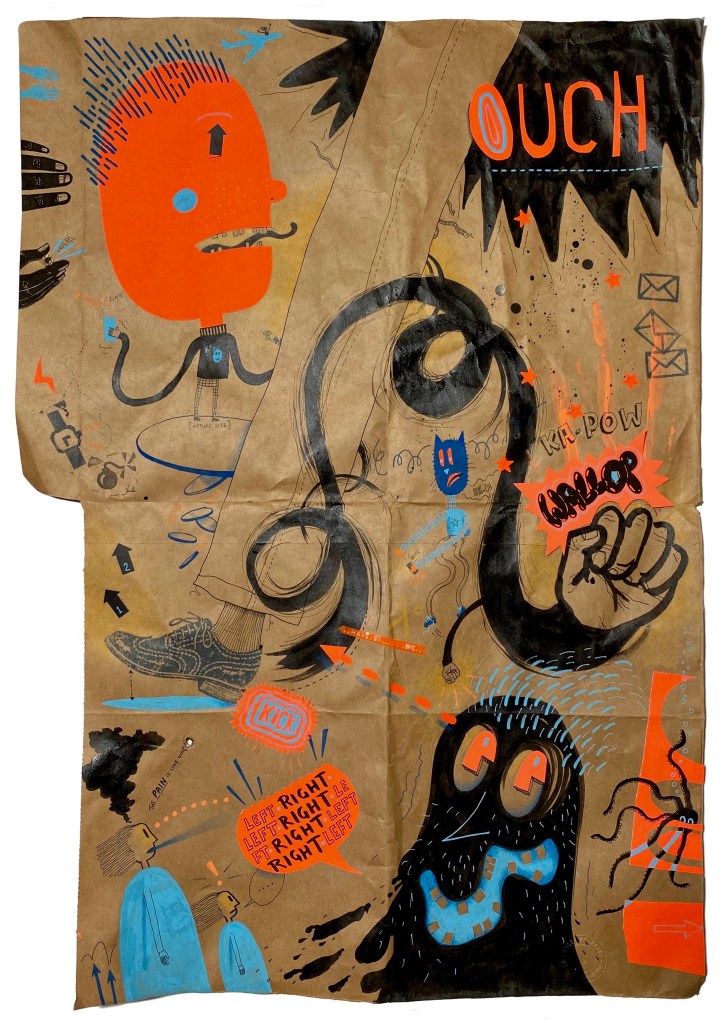 'Ouch Wallop' drawing and collage on vintage paper 29cm x 42cm Back of an Envelope Exhibition