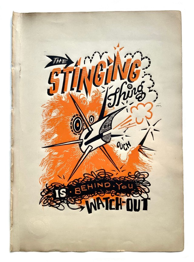 The Stinging Thing LInoprint on vintage accounting book paper 42cm x 29cm in orange/black