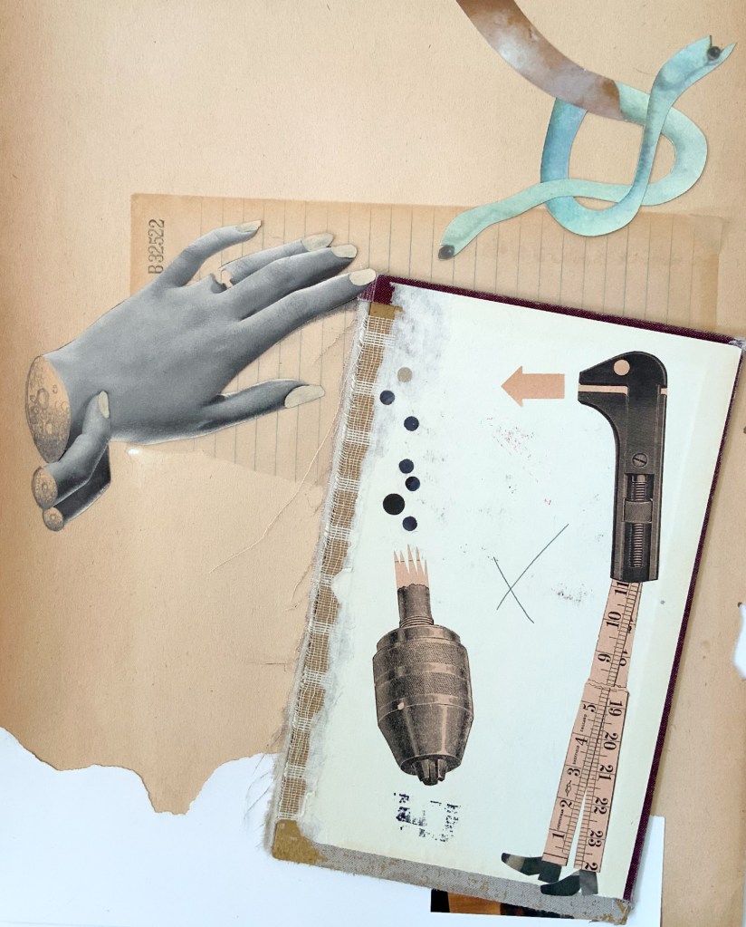 Cut Me Up Magazine, issue 13.
Materials: Vintage scrapbook page with altered book cover and accounting sheet and added collaged elements, punched shapes, pencil and paint.Dimensions: 10.25” x 8.25”